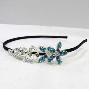 Silver Turquoise Blue Rhinestone Crystal Floral Flower Design Headband New